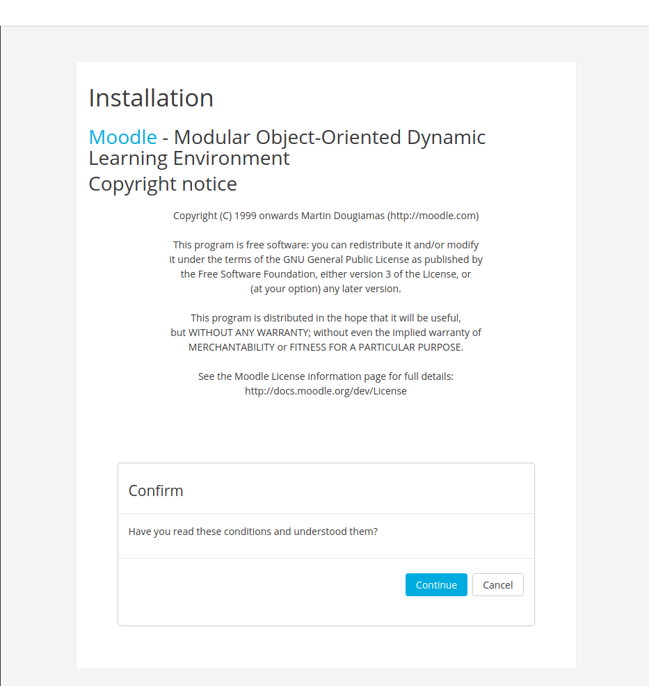 Moodle installer page with identifying values removed