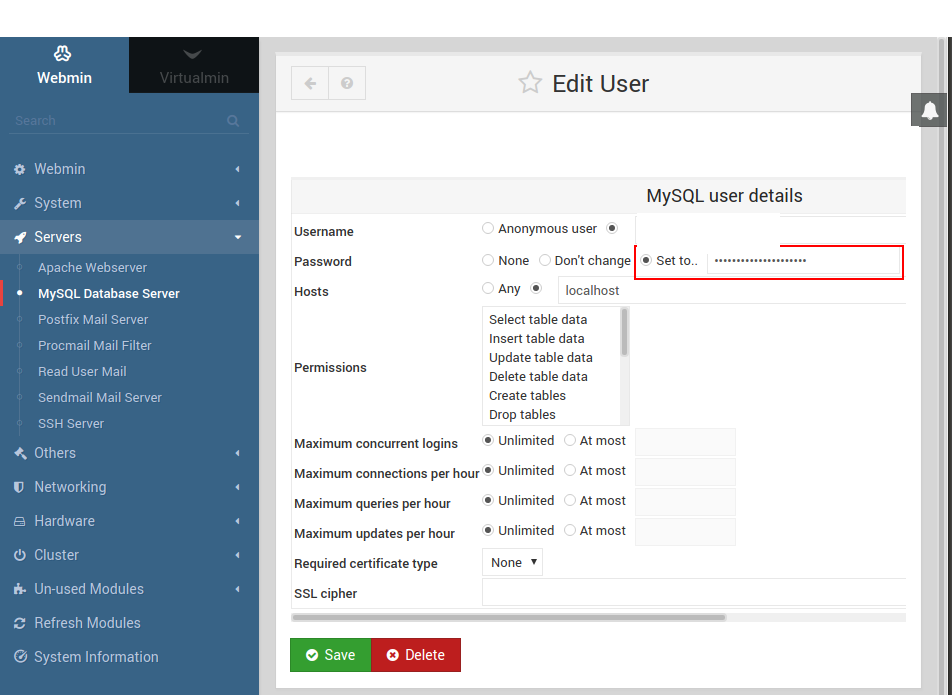 Webmin MySQL user edit screen with identifying values removed