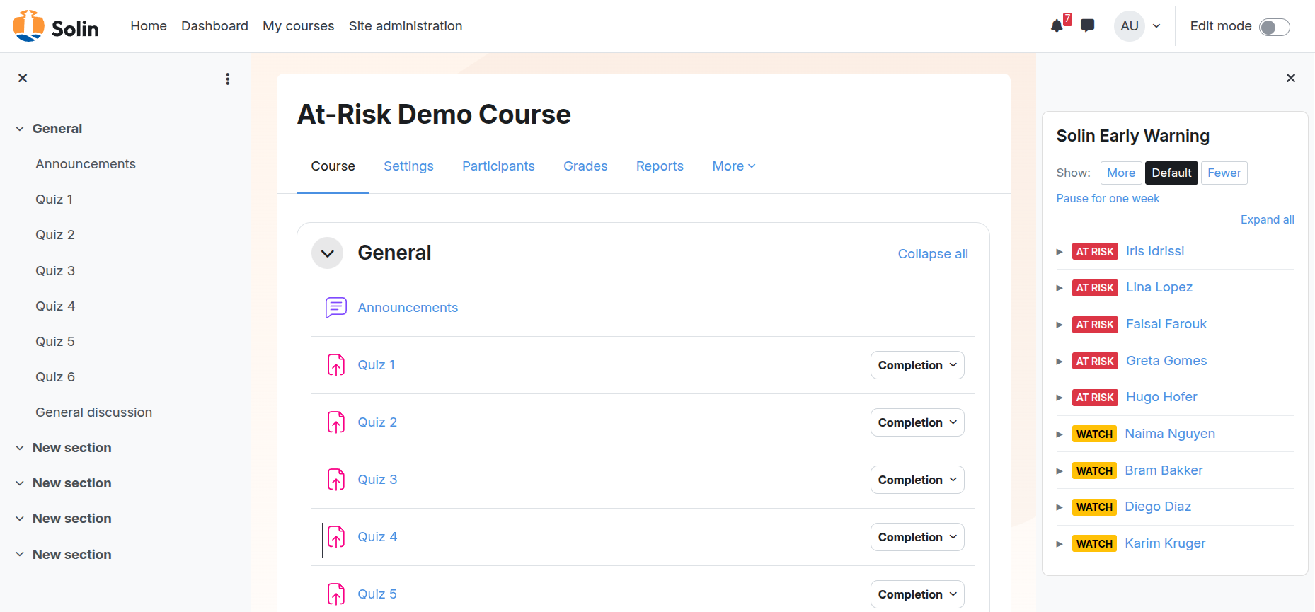 Solin Early Warning block in the course-view sidebar of a Moodle course