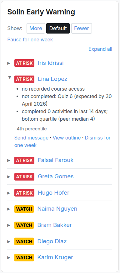 Block in a course view, default sensitivity, one student expanded showing reasons and actions