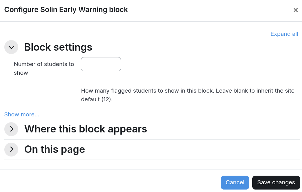 Per-instance block configuration showing the Number-of-students-to-show field