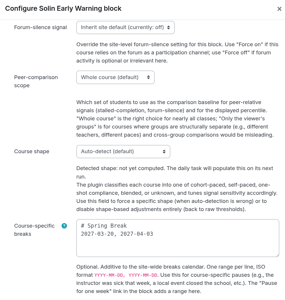 Per-instance block configuration with the course-specific breaks field showing a Spring break example