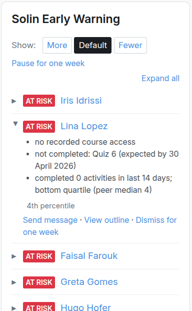 Solin Early Warning block in a Moodle course showing AT RISK students with one expanded to show flag reasons