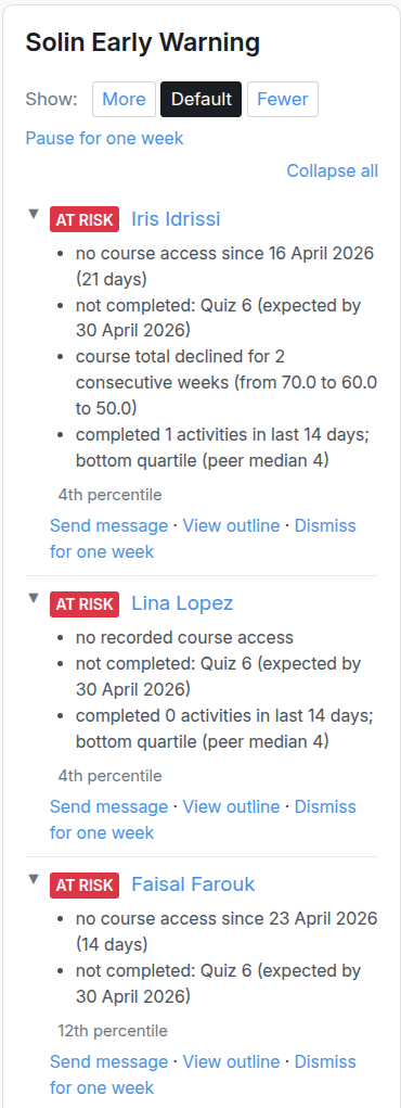 Expanded Solin Early Warning list showing every flagged student with reasons and peer percentile rank